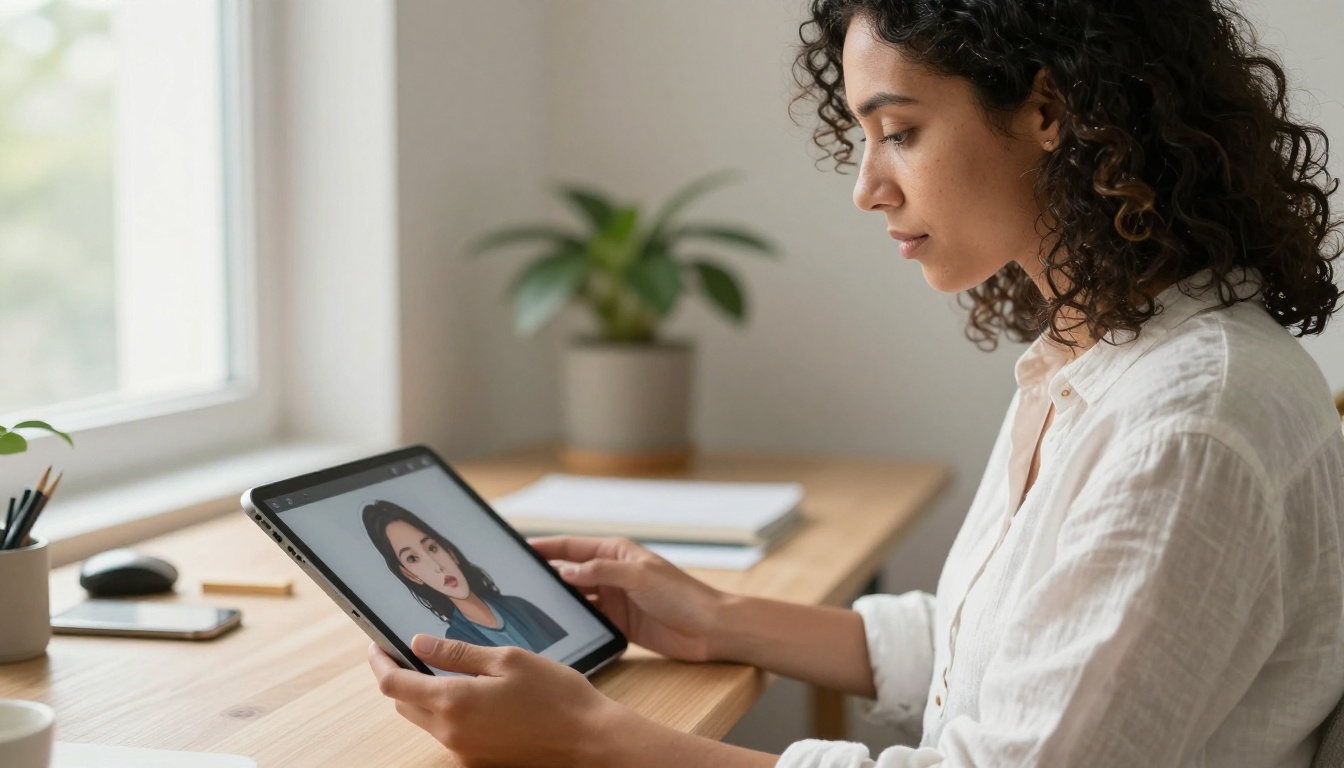 Woman in bright Scandinavian home office holding tablet displaying anime character transparent cutout