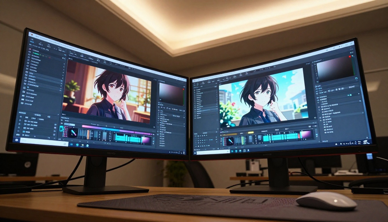 Low-angle view of two curved monitors in a standing desk setup displaying AI image editing workflow