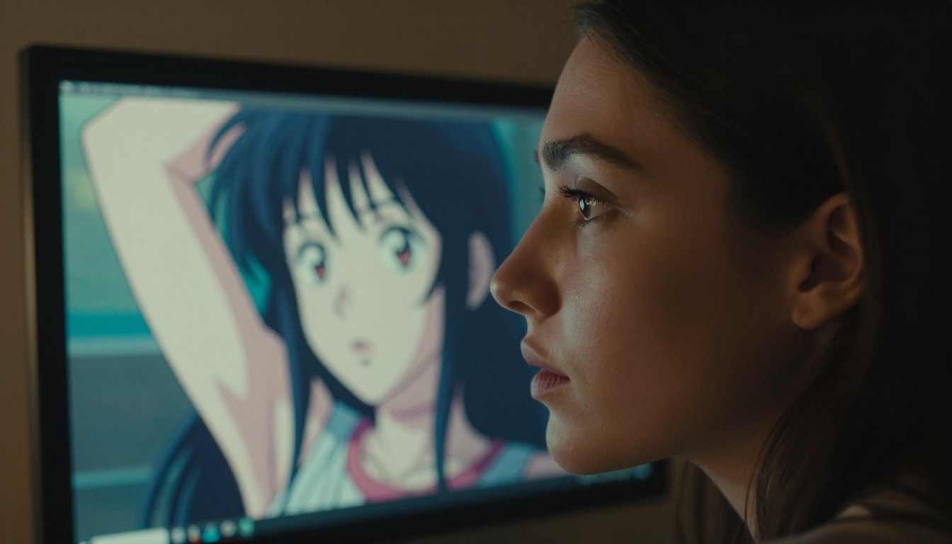 Woman's face reflected in a glowing monitor showing colorful anime character with transparent background