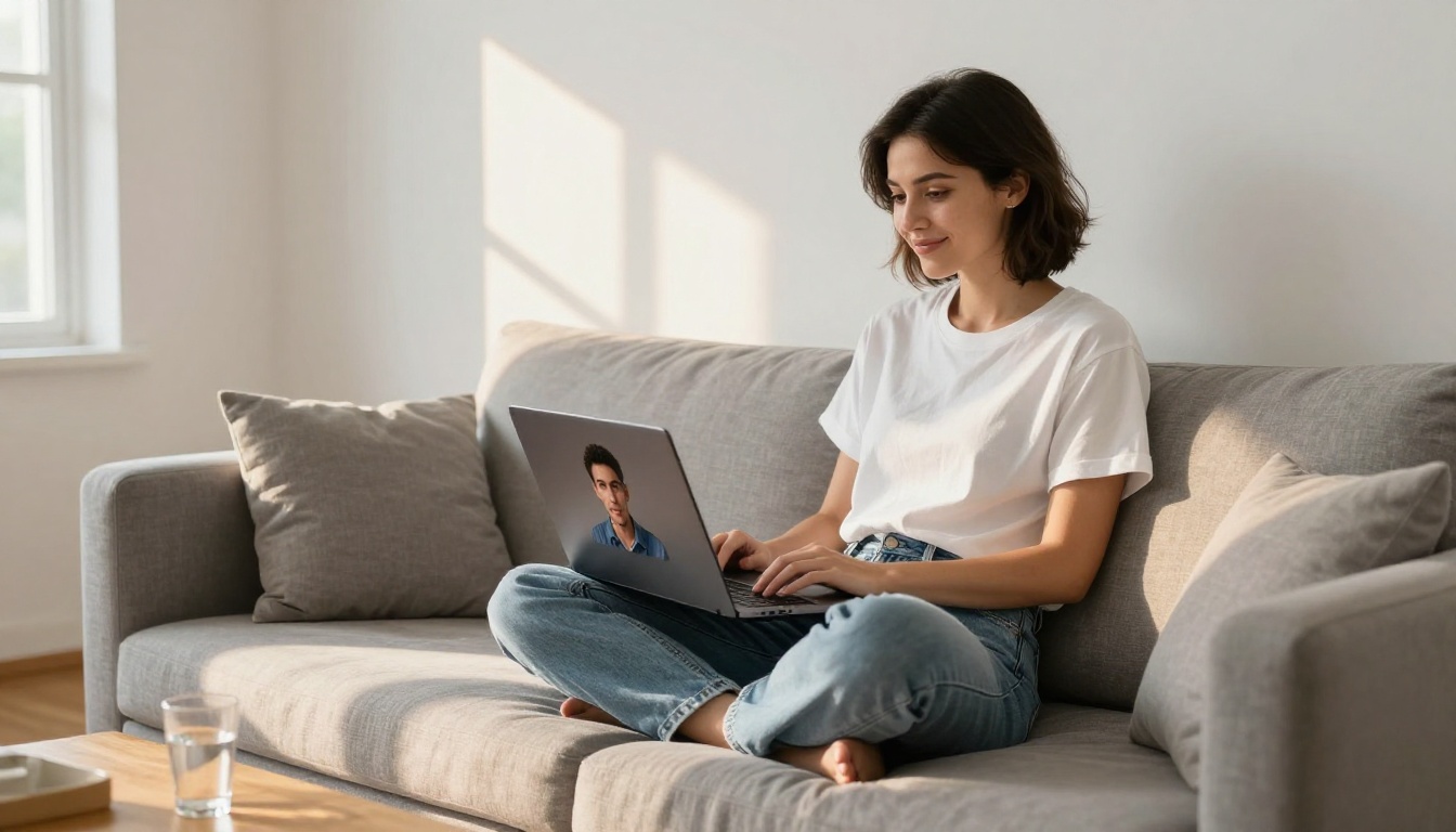 Woman on sofa with laptop showing AI companion