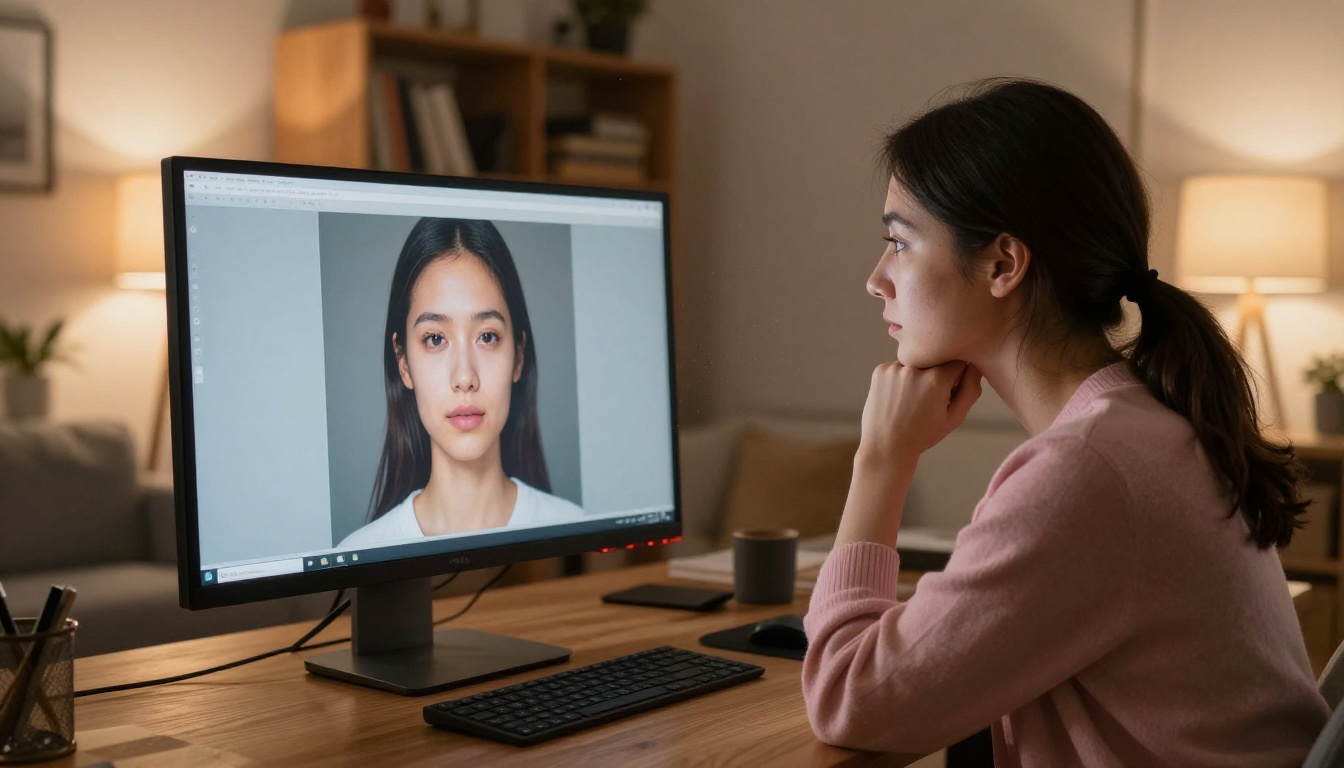 Woman at desk in dusk-lit apartment with AI companion on monitor