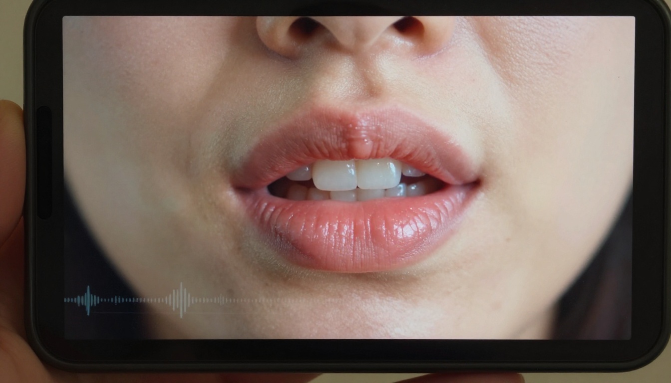 Close-up of AI avatar lips on smartphone screen