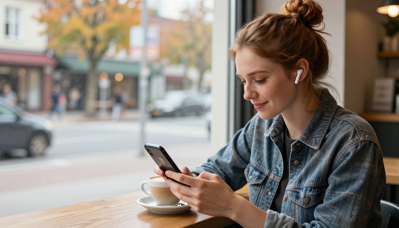 Woman at coffee shop smiling at AI companion on phone