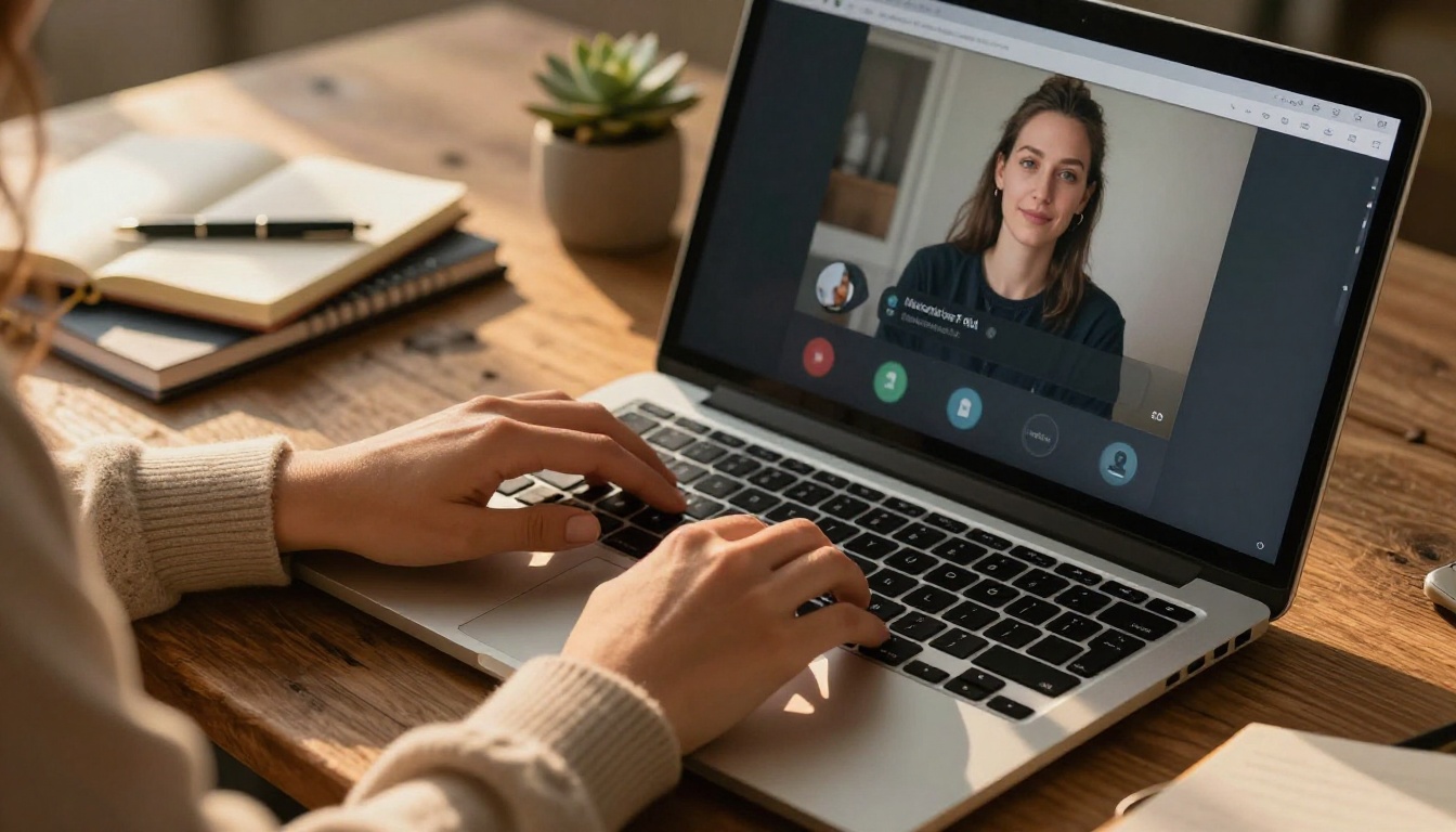 Woman typing on laptop with AI companion interface