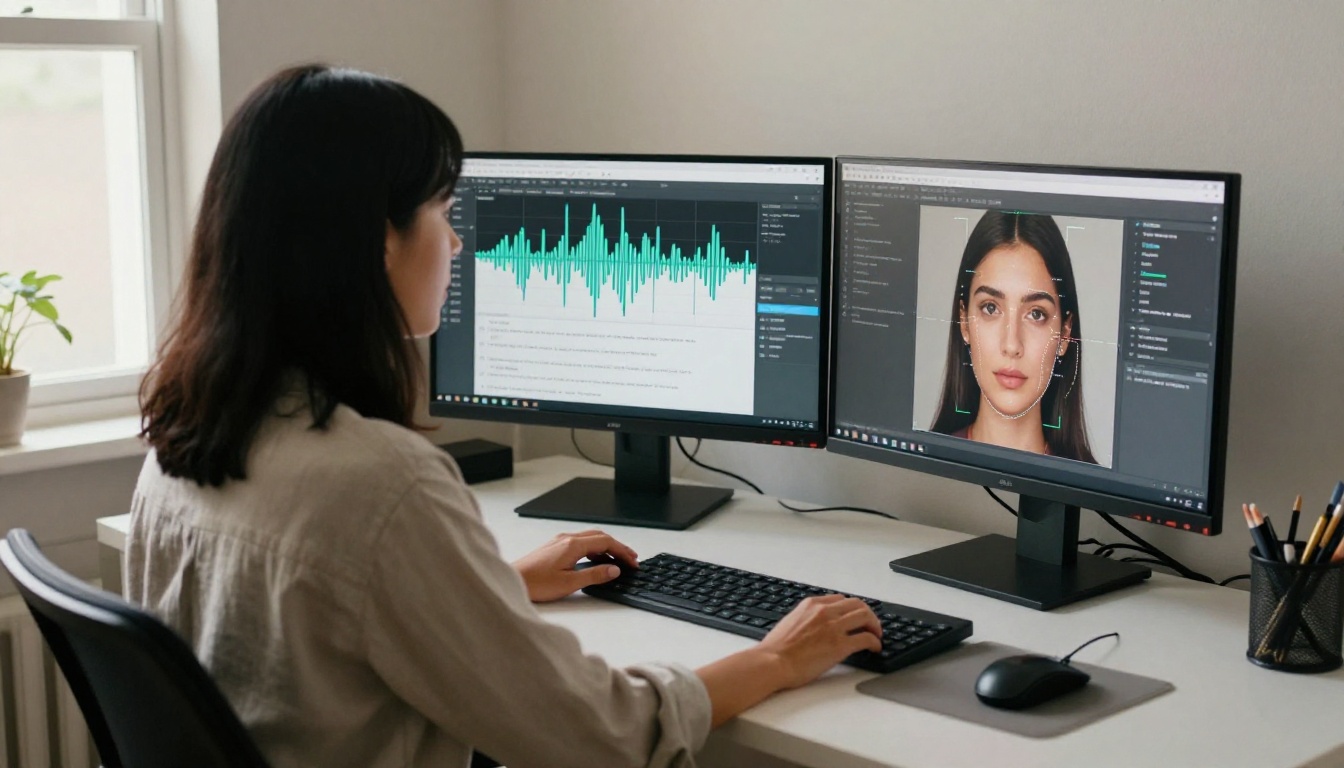 Woman at home office looking at AI lipsync interface