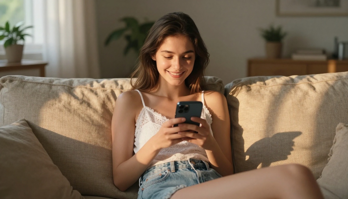 Attractive woman in lace camisole sitting on sofa engaged in AI chat conversation on smartphone