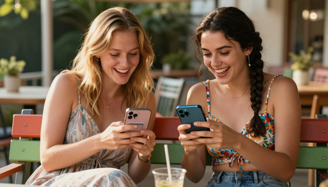 Two women comparing AI companion apps on a phone