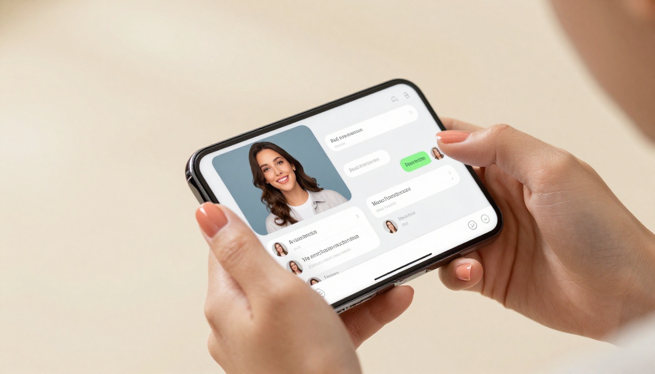 Close-up of elegant hands holding smartphone showing AI companion chat interface