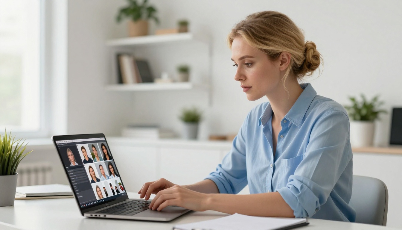 Young professional woman reviewing AI image generation outputs on laptop in home office
