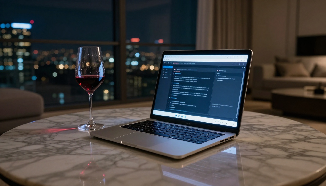 Sleek laptop on marble table at night with city lights in background showing AI chat interface