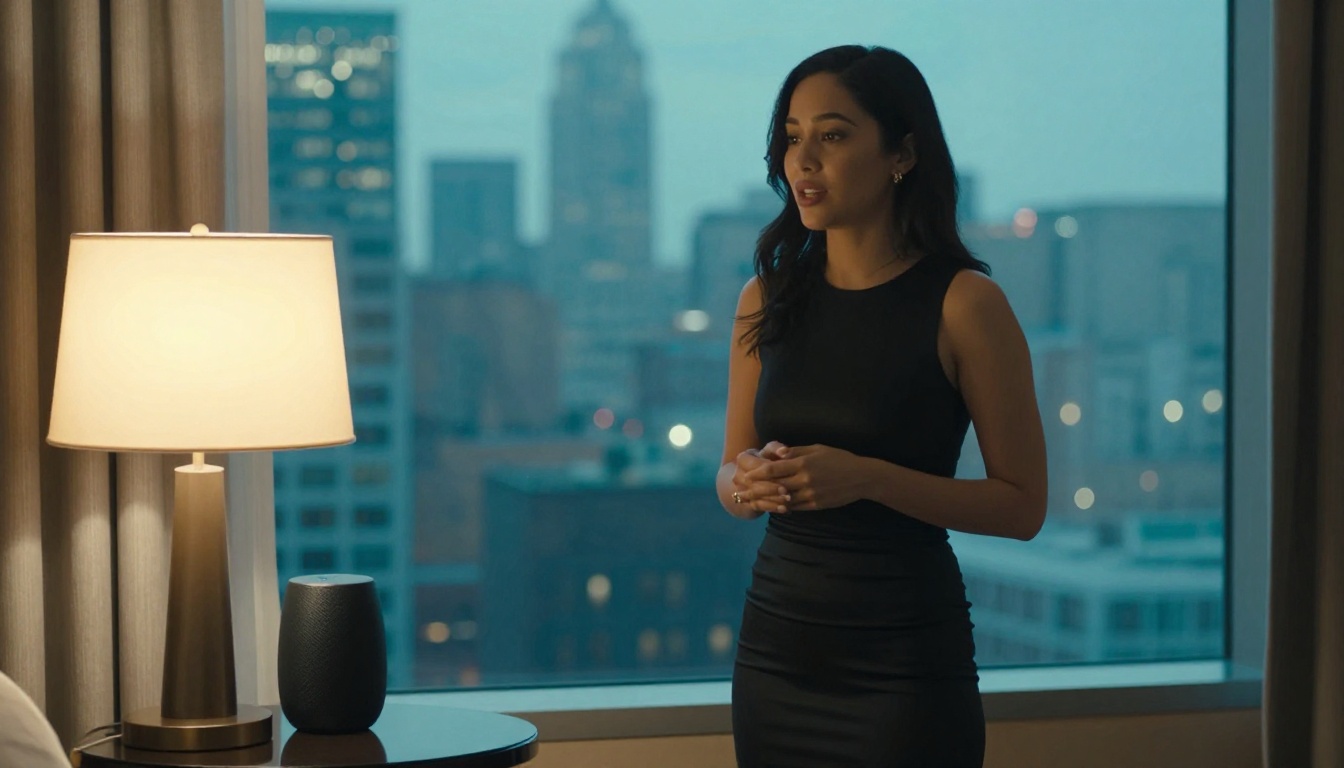 Woman in black bodycon dress standing by hotel window with city lights in background at night