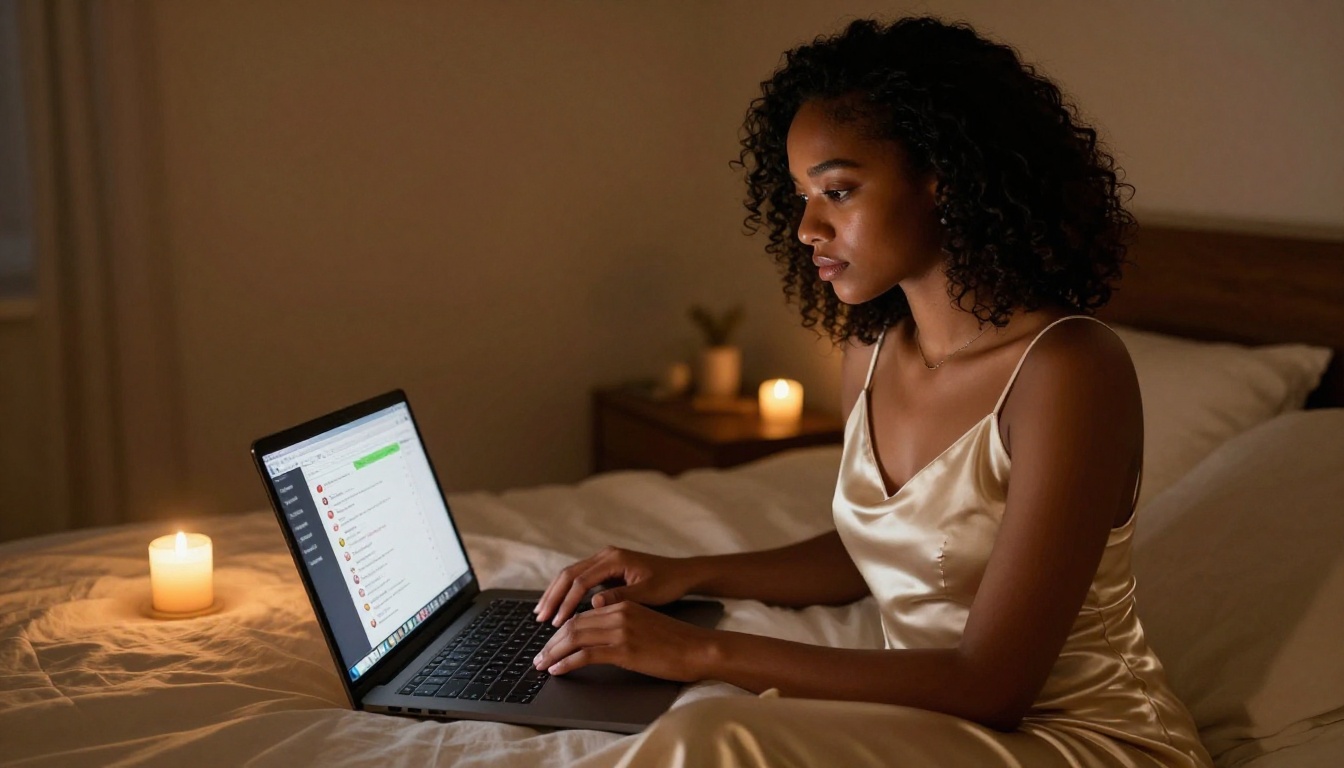 Young woman in cream satin dress on white linen bed with laptop open showing multiple AI chat windows in candlelight