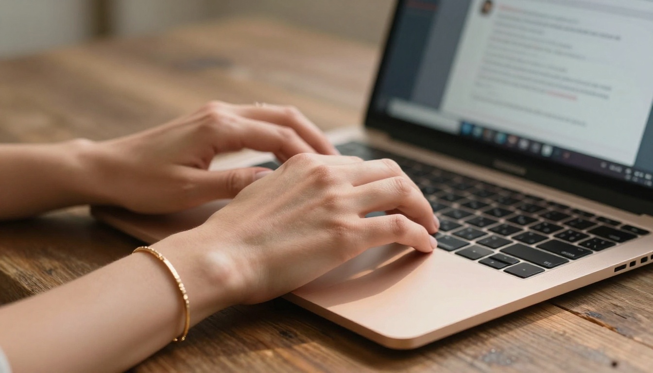 Close-up of elegant hands typing on laptop keyboard with AI chat visible on screen
