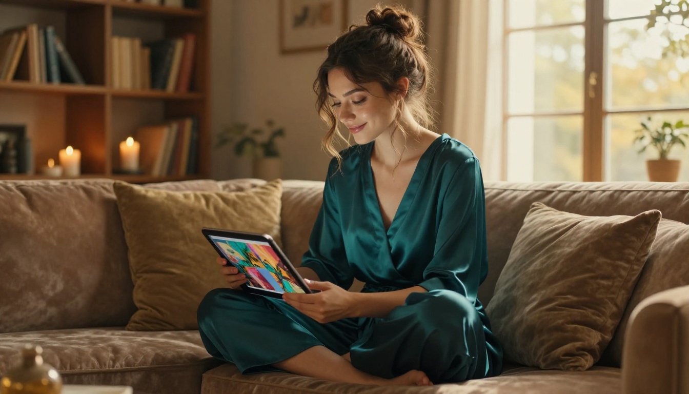 Beautiful woman on velvet sofa browsing AI-generated images on tablet in warm bohemian room