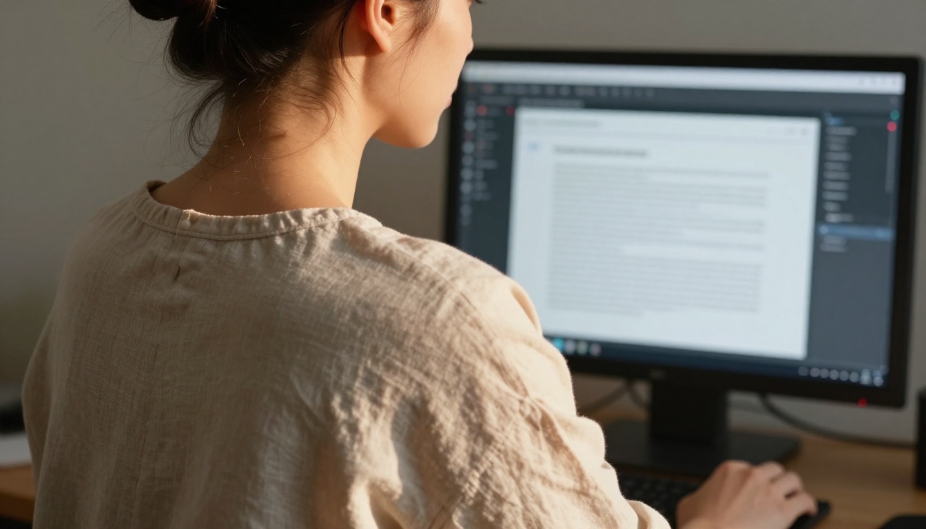 Woman profile from behind showing neck and collarbone at monitor displaying LLM interface