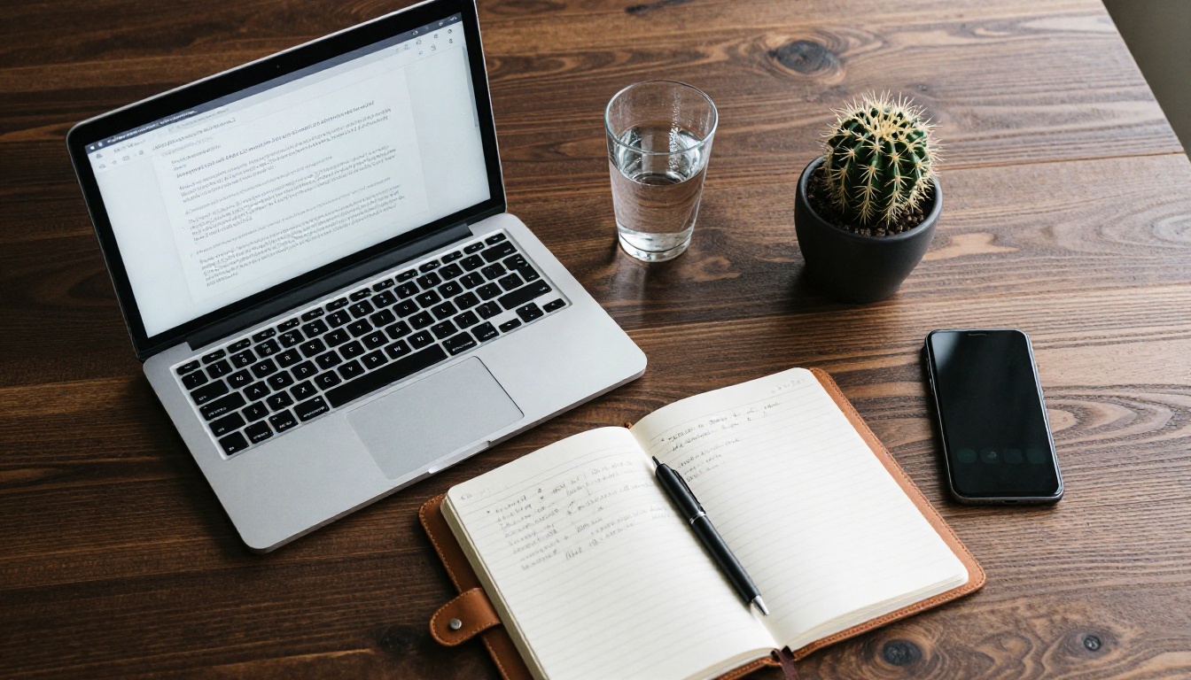 Overhead flat-lay of laptop, notebook, phone and plants on dark walnut wood surface