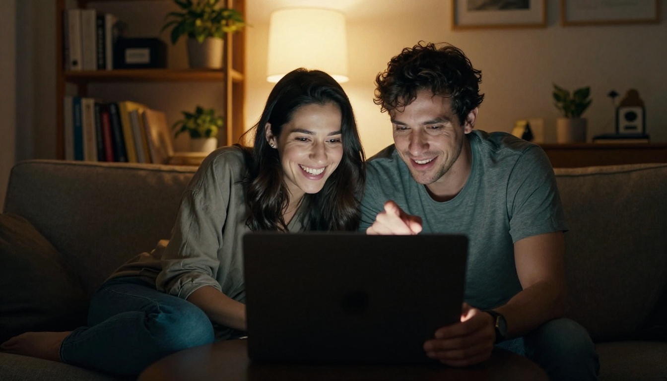 Couple sitting on couch together looking at laptop screen laughing in warm dimly lit apartment