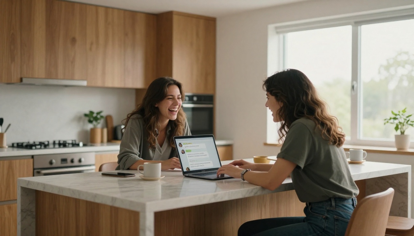 Two women sharing an authentic laugh while looking at a laptop together
