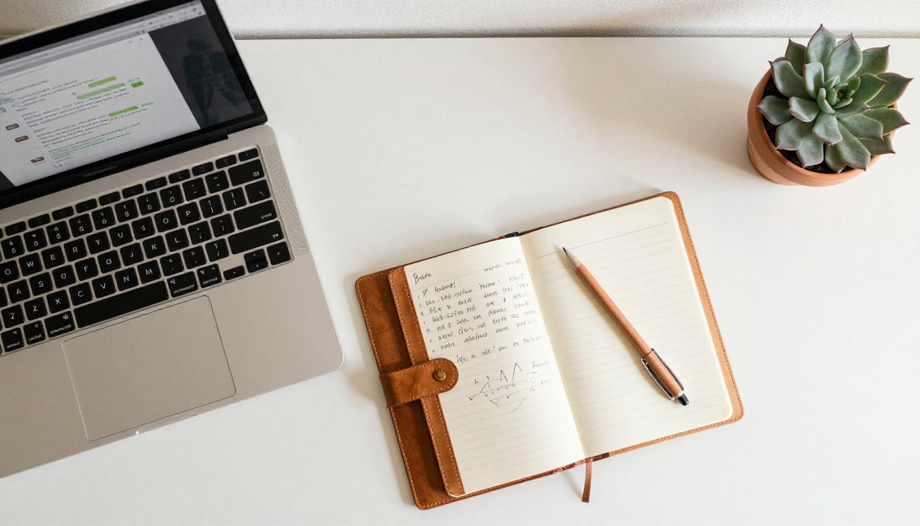 Overhead flat-lay of a desk with a laptop showing a chat interface, notebook, and coffee