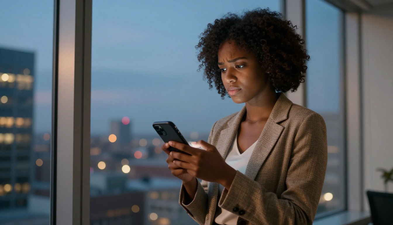 Young professional woman at office window at dusk holding a phone with a chat conversation