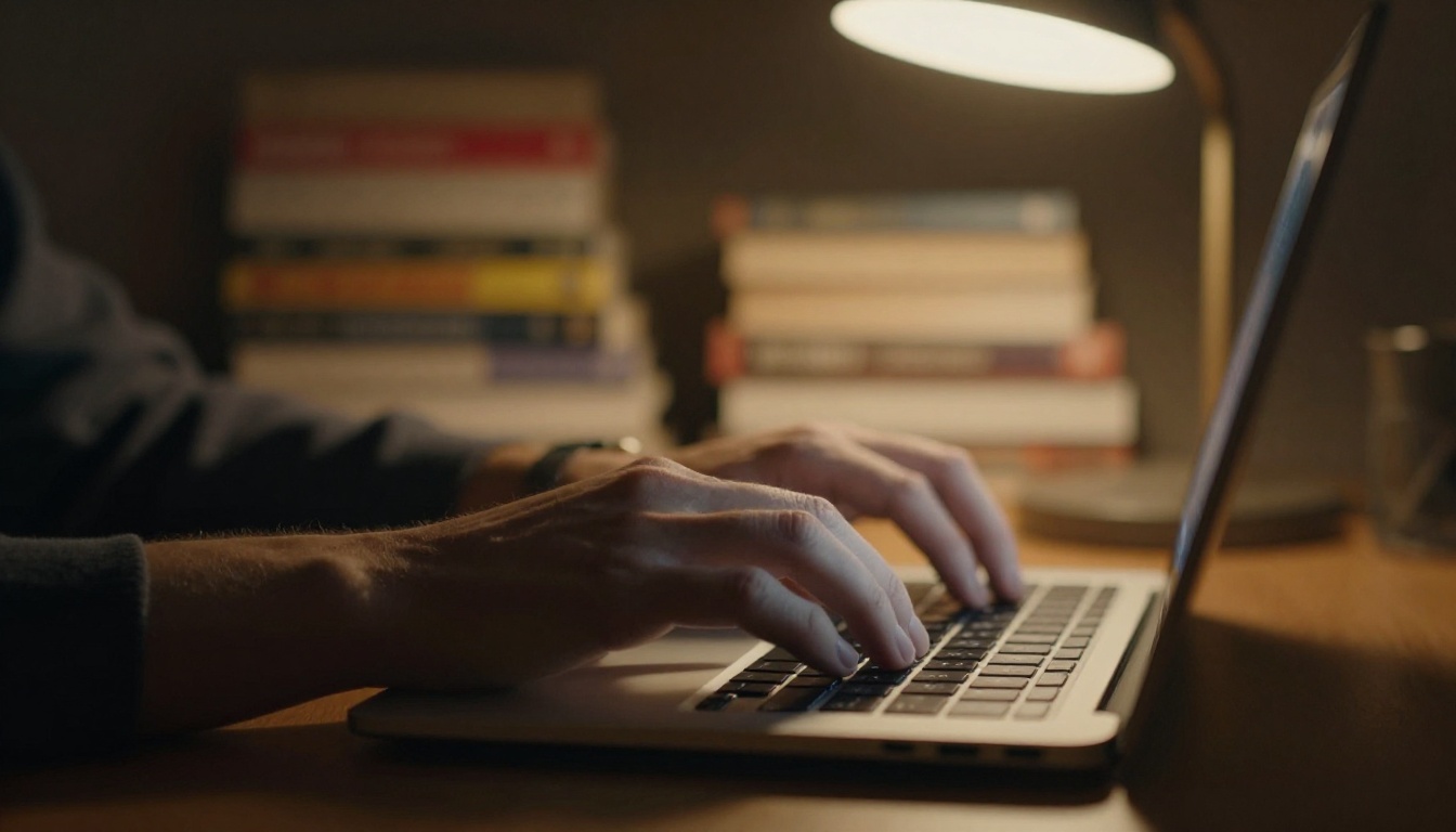 Close-up of hands typing on a laptop keyboard in a warmly lit study