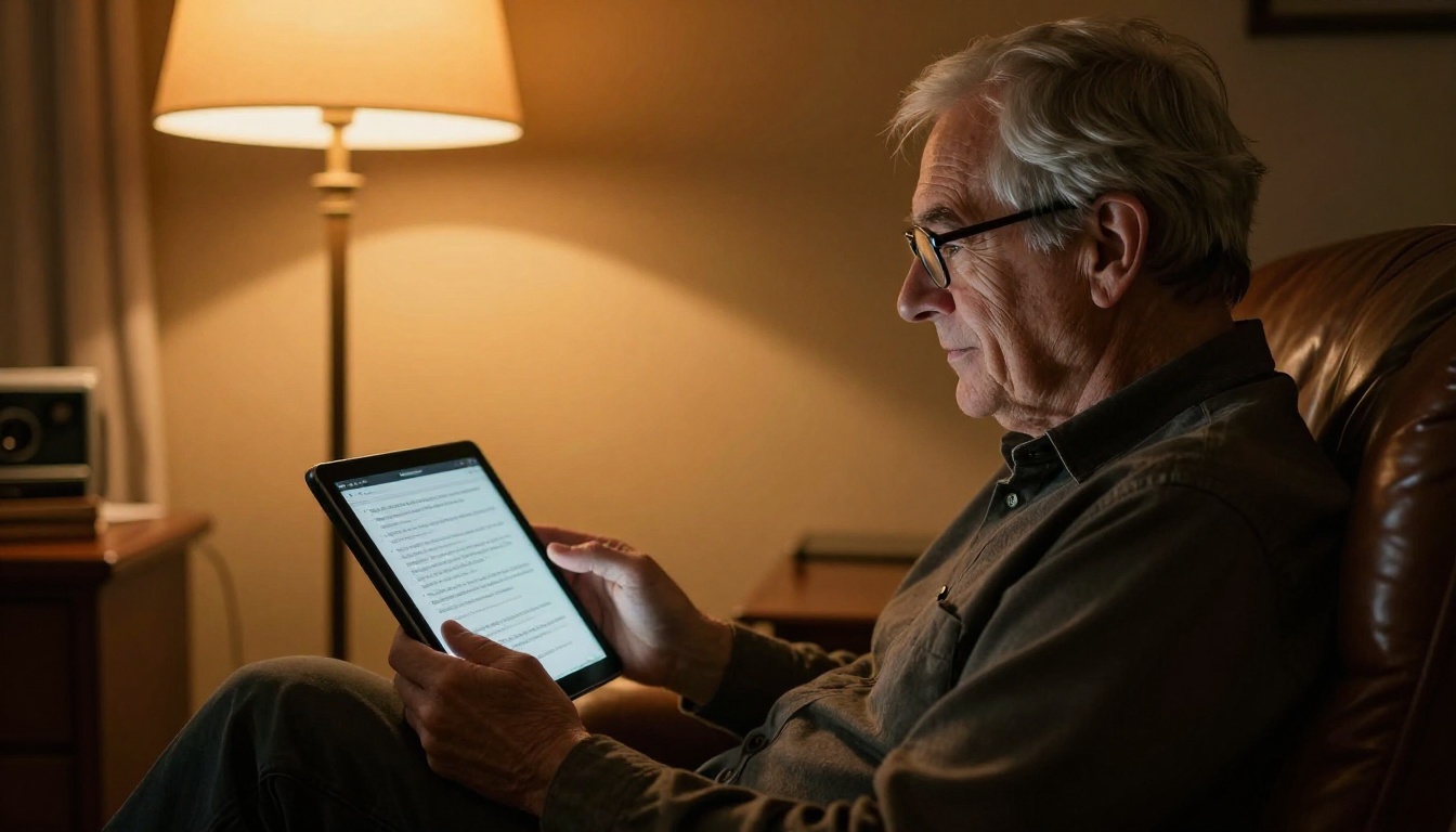Silver-haired man reading a tablet with a thoughtful expression in a leather armchair