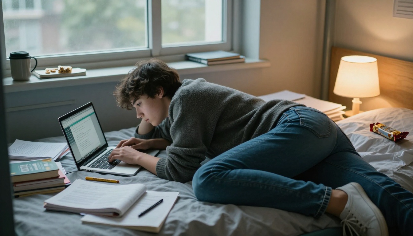 University student lying on her dorm bed absorbed in an active chat on her laptop