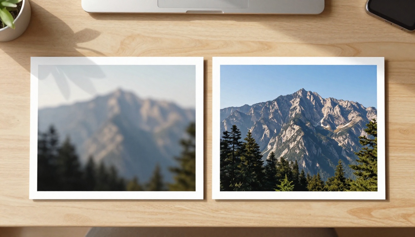 Two printed photographs showing before-and-after comparison of blur and noise removal