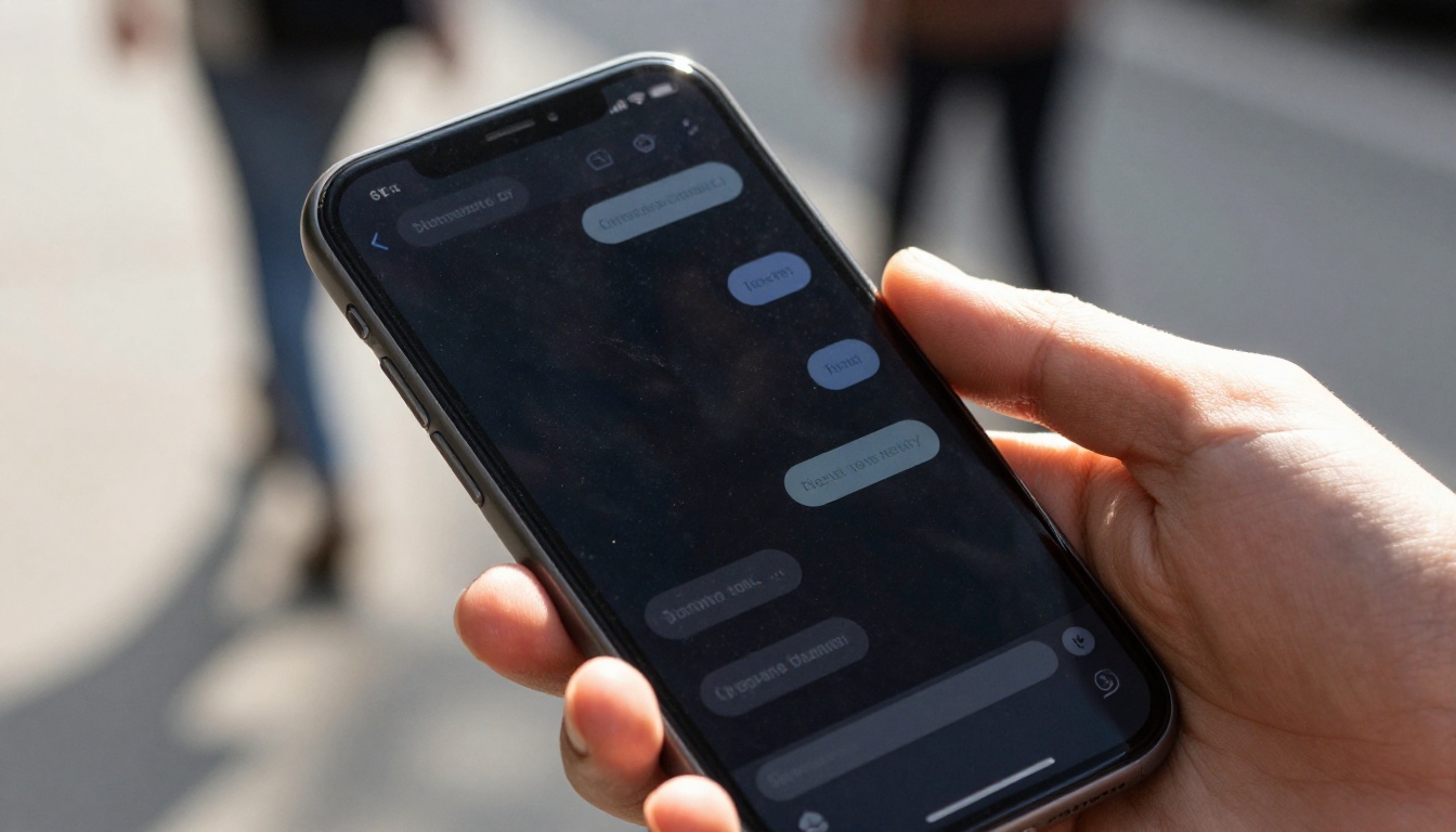 A hand holding a smartphone showing a chat interface while walking on a sunlit city street