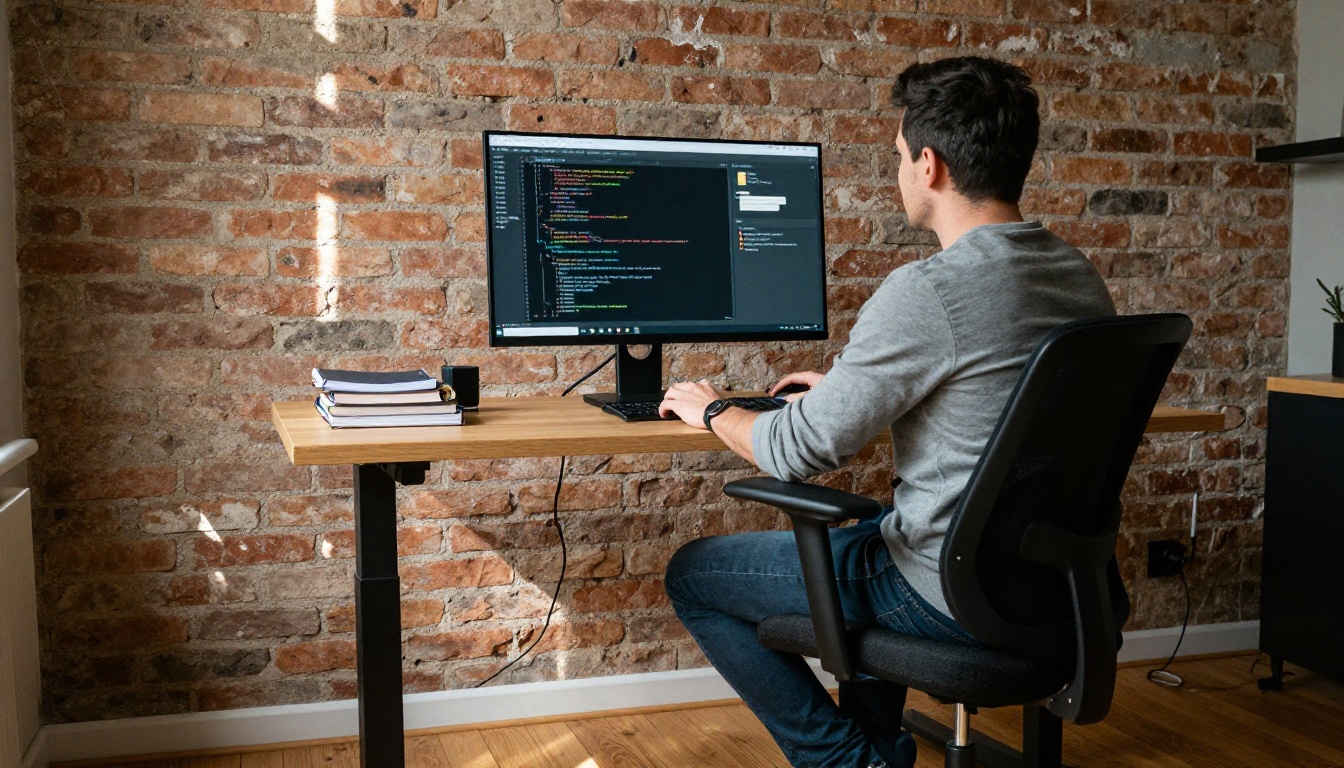 Man at a standing desk in a home office with an exposed brick wall, monitor showing code and a chat interface