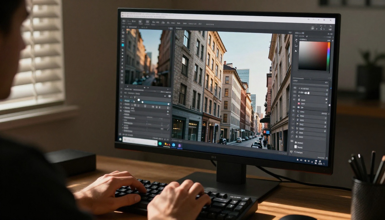 Man's hands using image editing software with before-and-after cityscape comparison