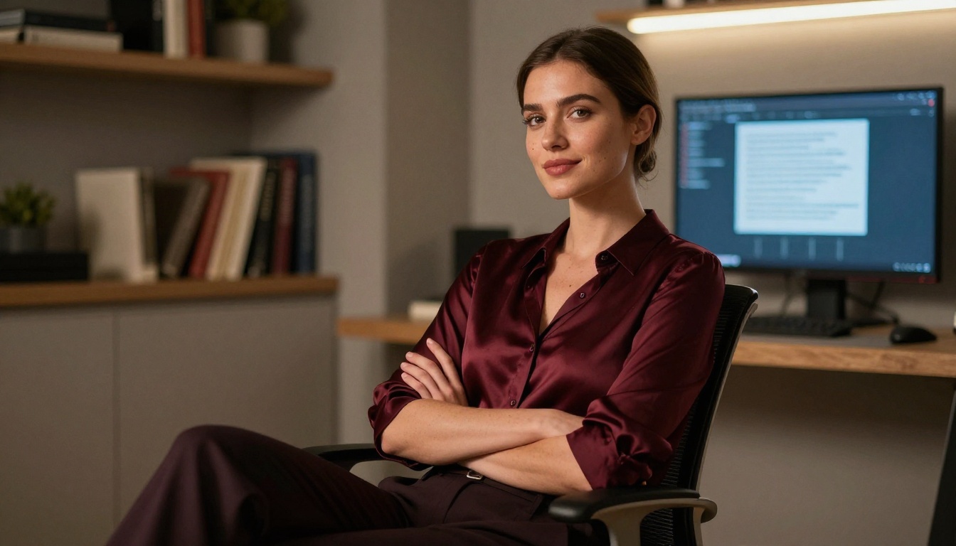 A self-assured woman in a home studio, arms crossed with a confident half-smile
