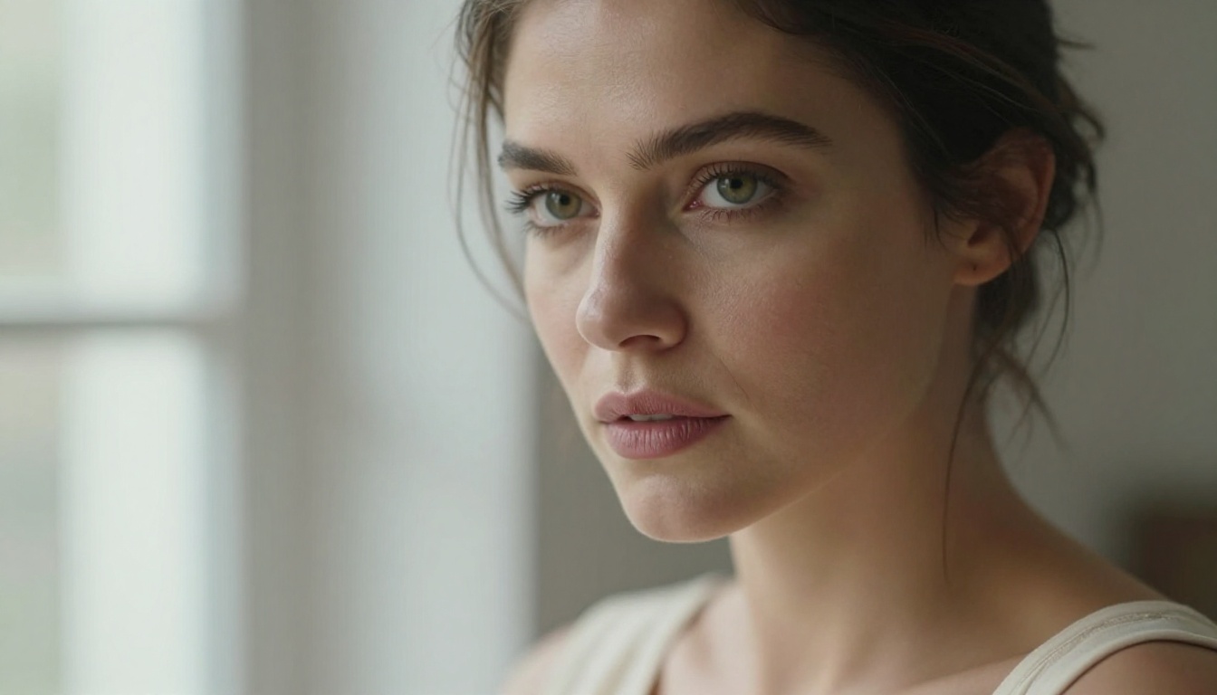 Close-up portrait of a confident woman with piercing eyes and composed expression