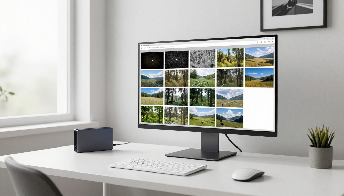 Home office with a 4K monitor showing grid of AI photos at various stages of processing