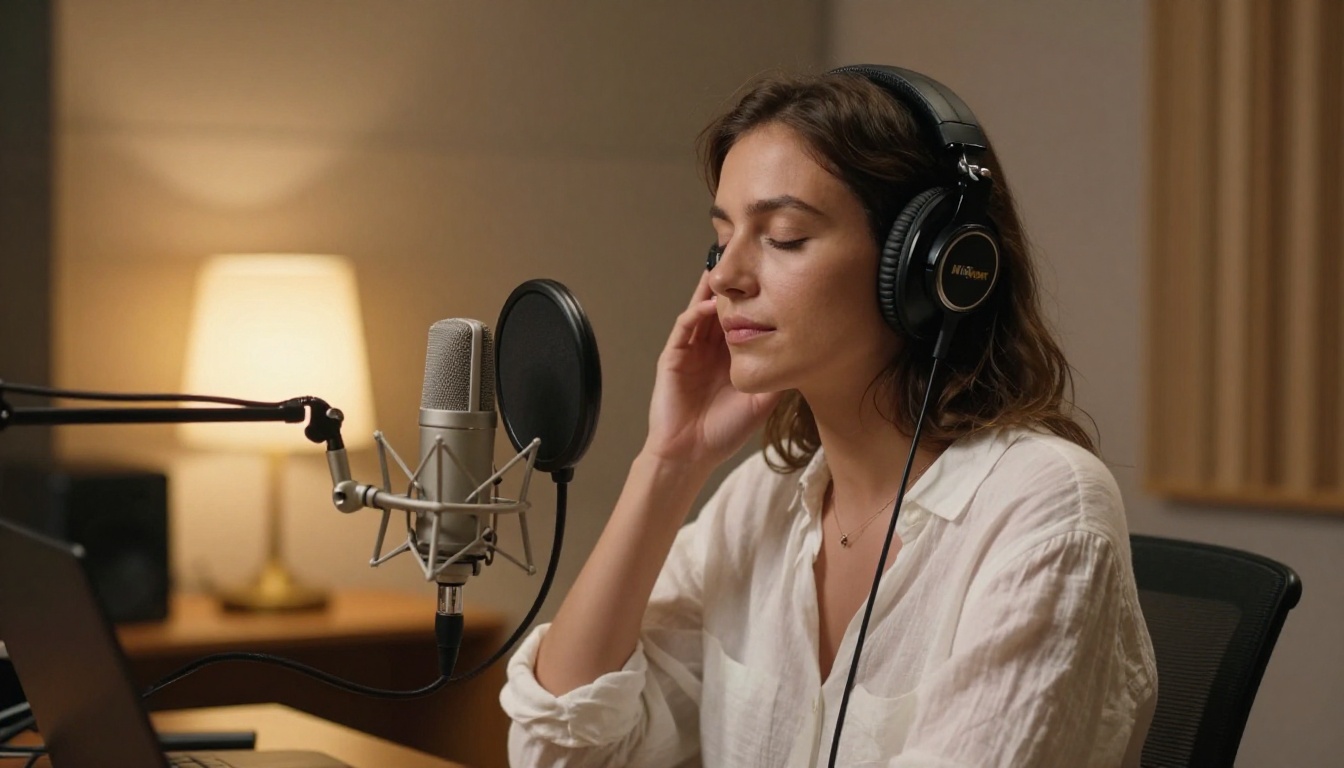 Woman with wireless headphones in a minimal recording studio, hand on a microphone, eyes closed