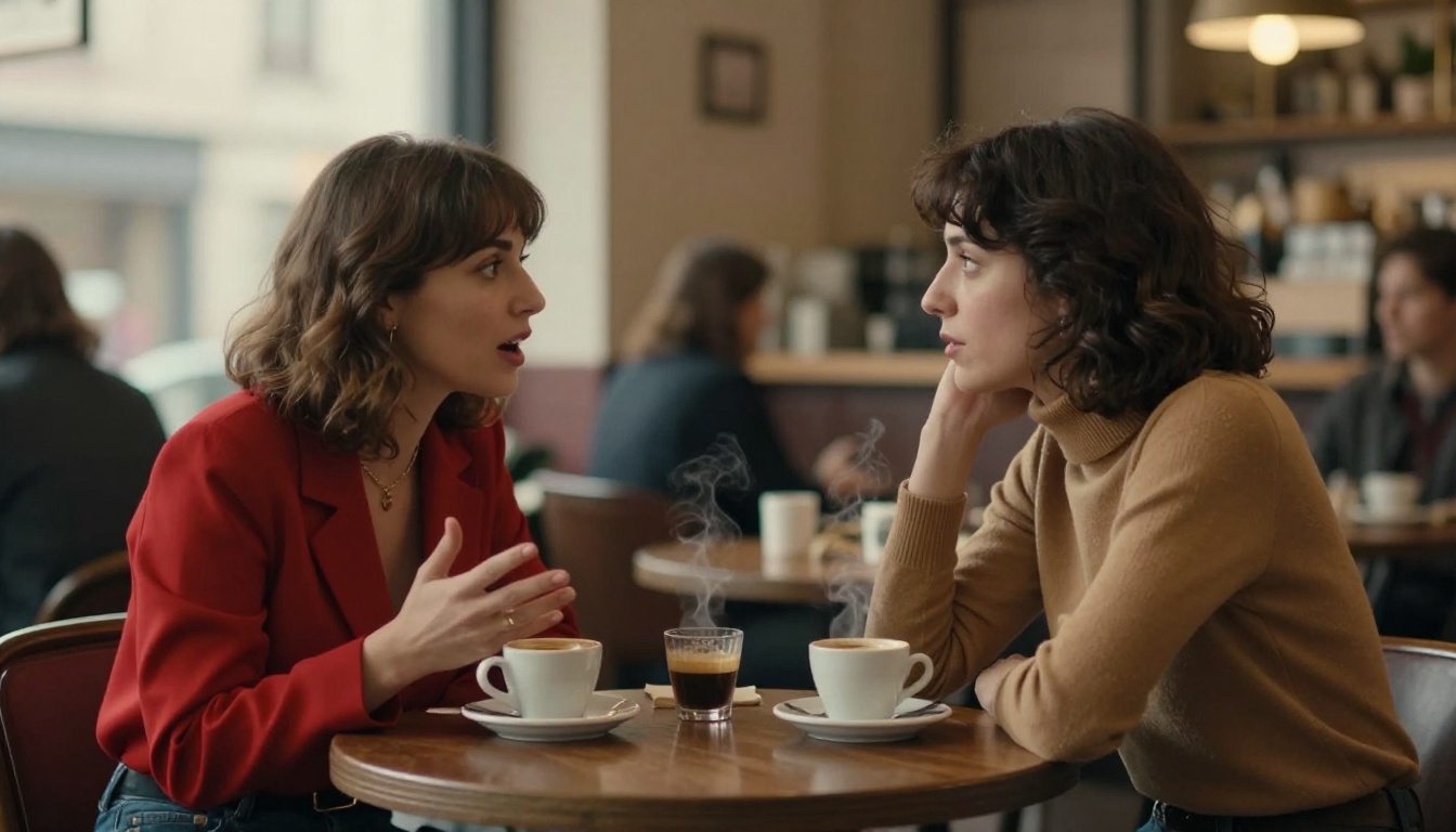 Two women in animated conversation at a European-style cafe, natural window light