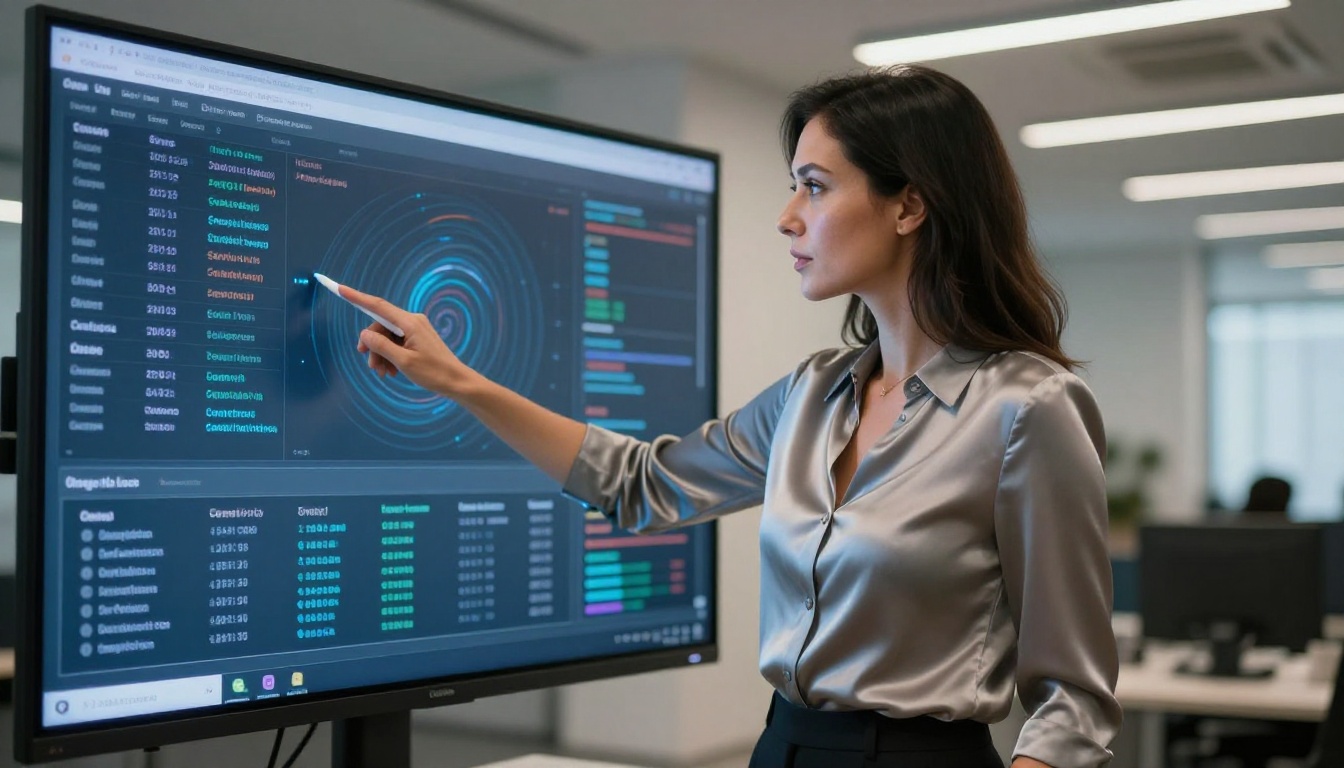 Woman in a blazer pointing at a large touchscreen data display in a modern tech office