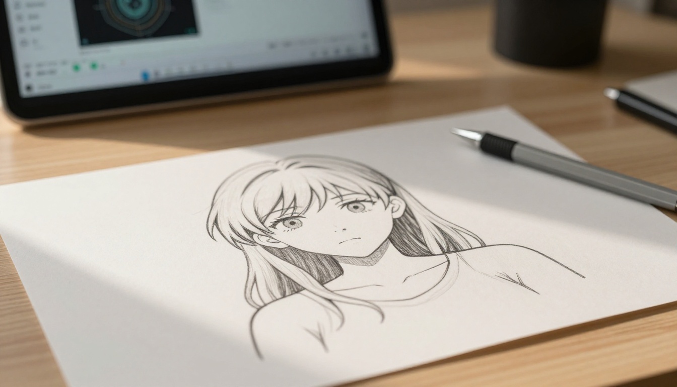 Anime sketch on desk with depth analysis tools
