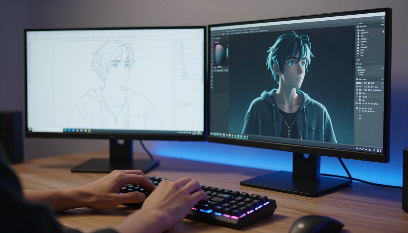 Dual monitor setup showing 2D to 3D comparison