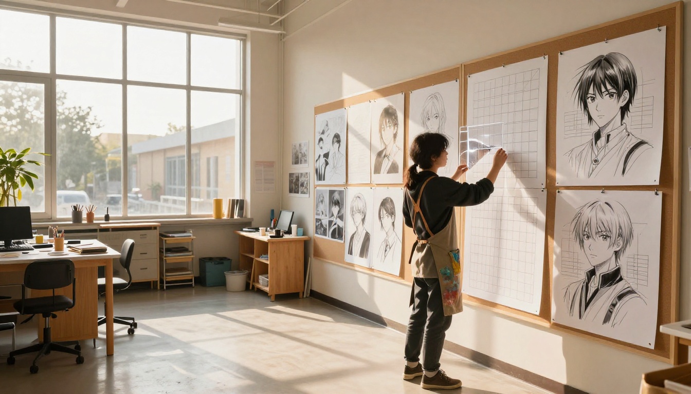 Art student studying depth in anime reference prints