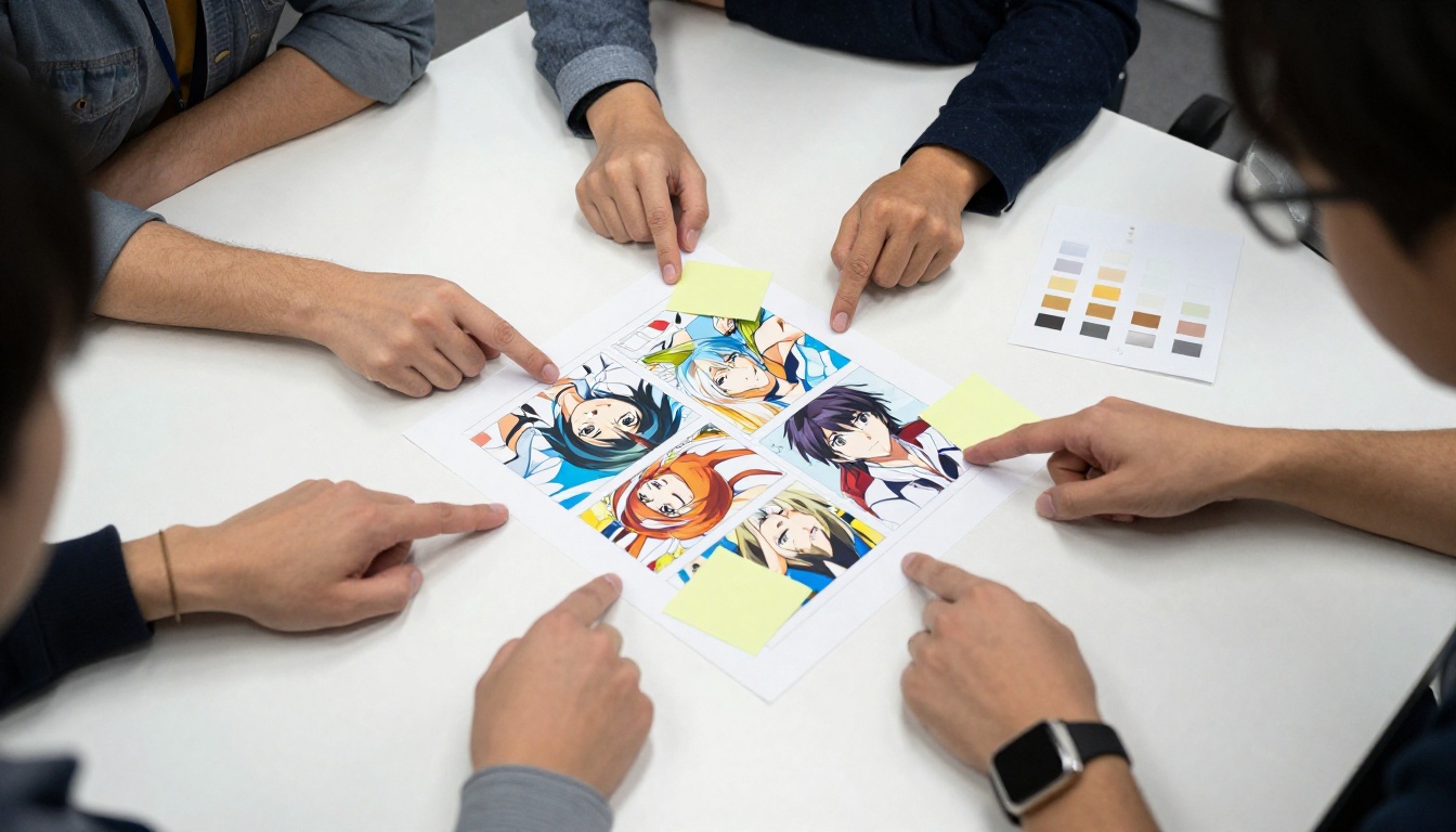 Aerial view of team reviewing anime artwork on table