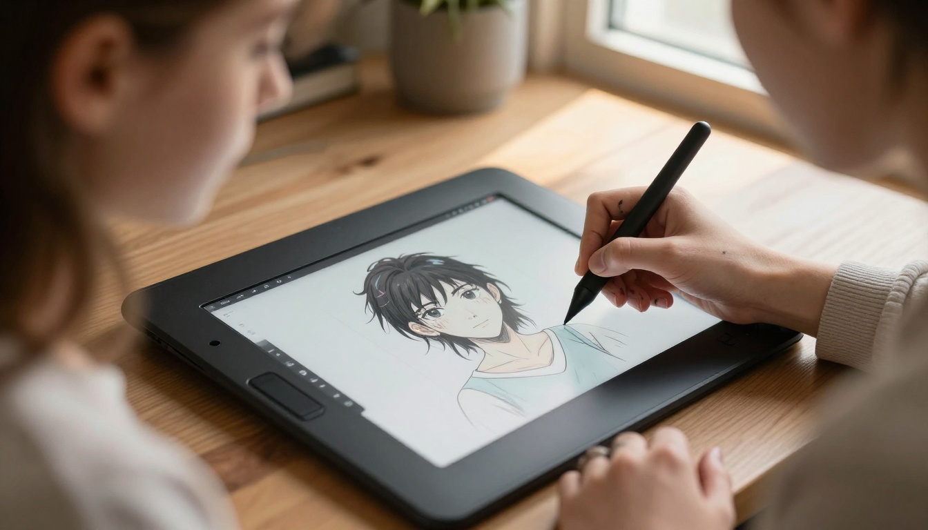 Woman using drawing tablet with AI interface