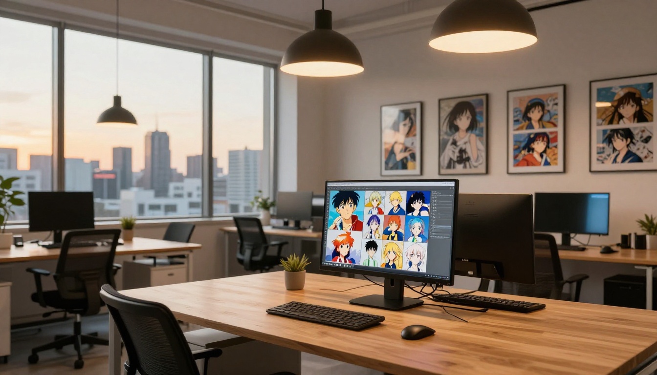 Creative office at dusk with anime artwork on walls