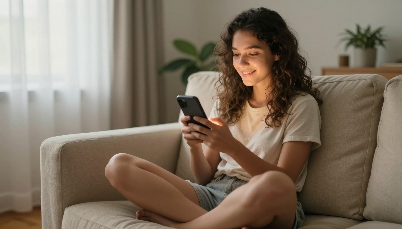 Woman relaxing at home looking warmly at her smartphone