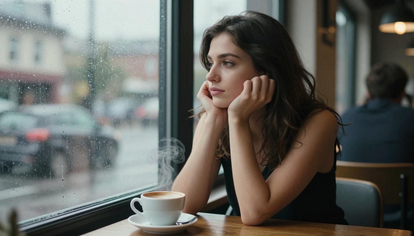 Thoughtful woman at a rainy café window with a steaming coffee cup