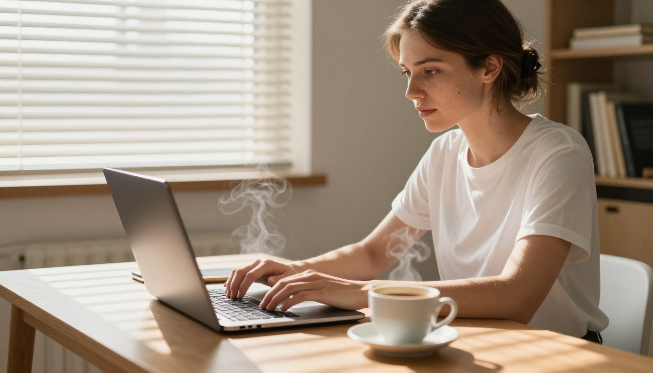 Woman at a Scandinavian home desk typing on a laptop with venetian blind light stripes across her face