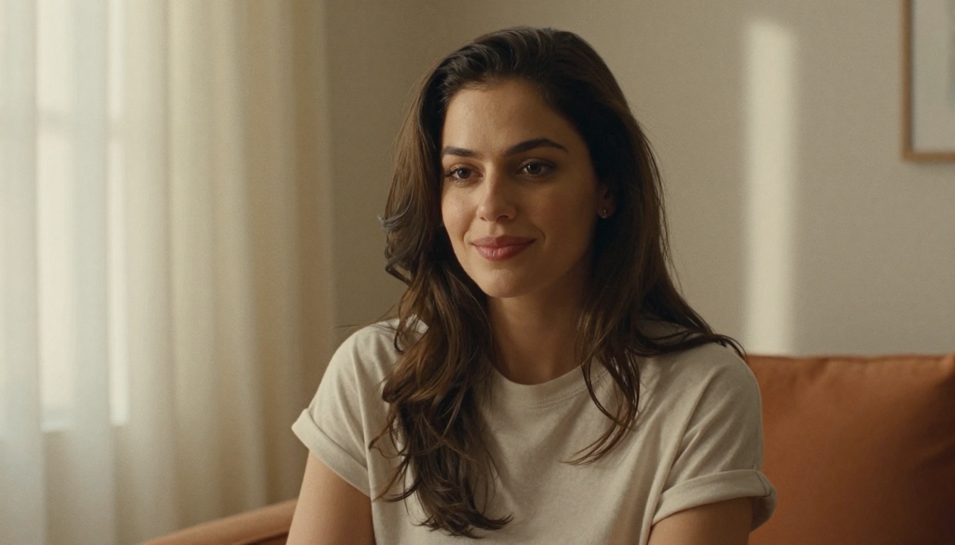 Woman sitting in a warmly lit living room with natural light and photorealistic skin