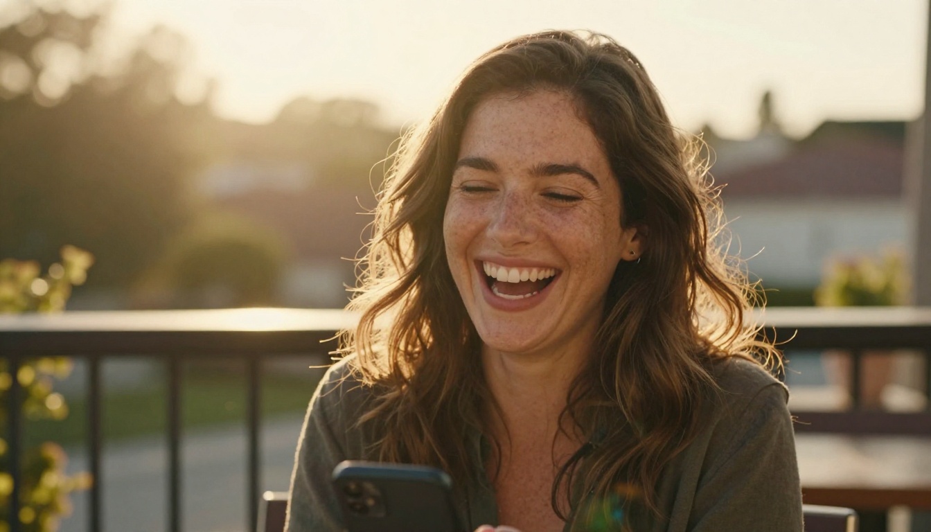 Woman laughing genuinely at her phone on a sun-lit outdoor terrace
