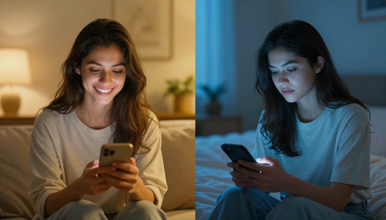 Two women in contrasting warm and cool lit settings both engaged with AI companion apps