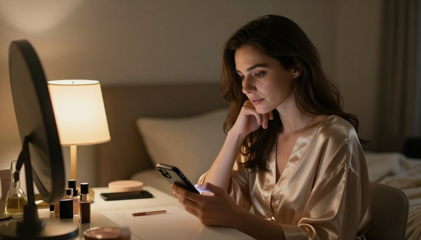 Woman in a silk robe in a softly lit bedroom scrolling through her phone with a calm expression